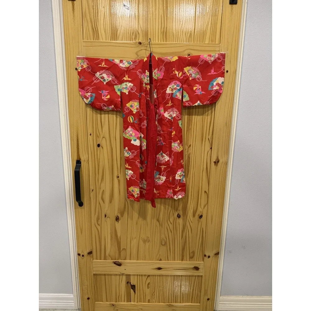 Kimono Kaftan Dress Girls 3-4 Years Red Floral V Neck Short Sleeve Japanese‎